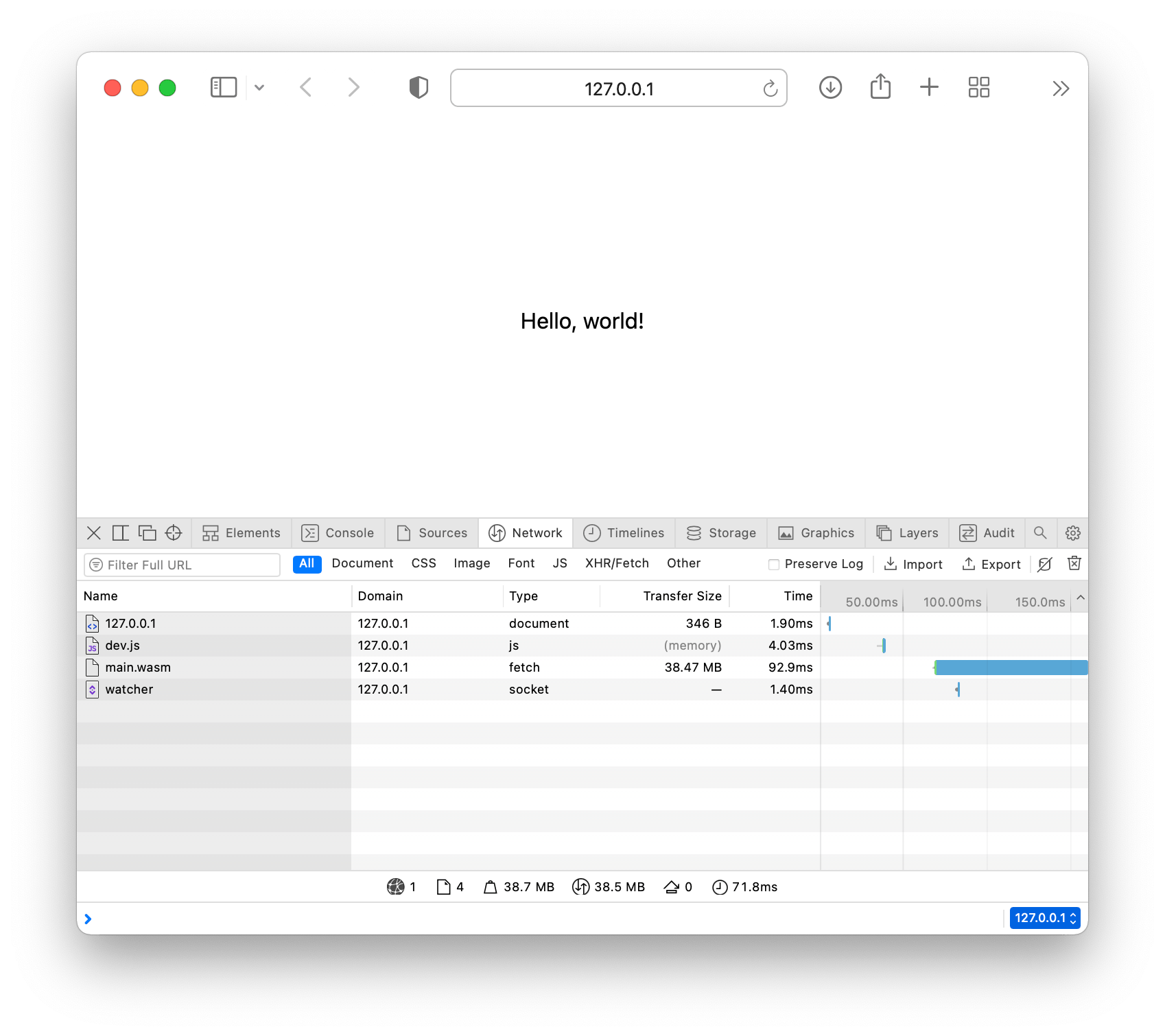 A screenshot of a WASM hello world weighing 38.47 MB