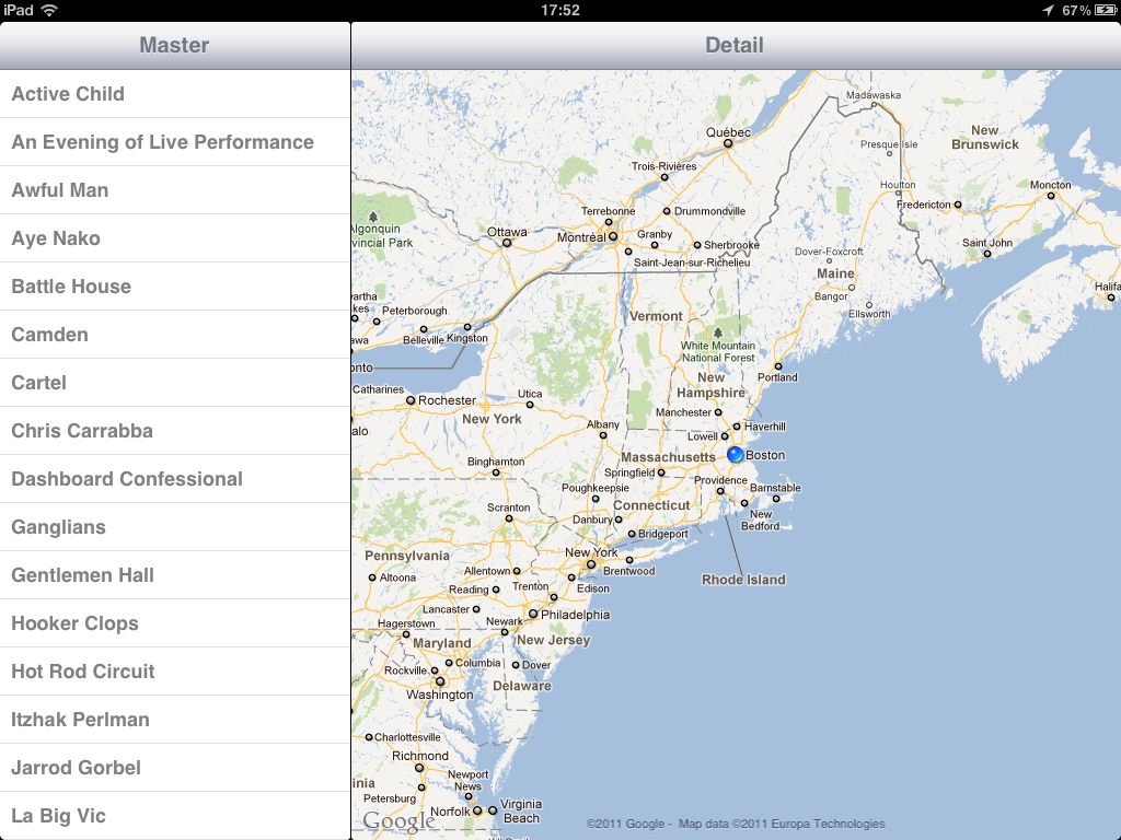 Geolocation and list of tonight's concerts in the area Screenshot of the geolocation feature