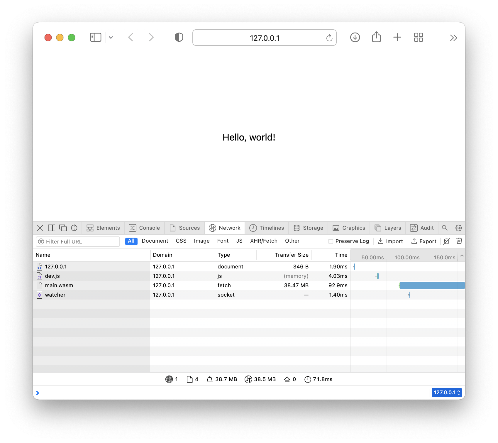 A screenshot of a WASM hello world weighing 38.47 MB